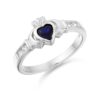 9ct White Gold Claddagh Ring embellished with CZ on shoulders and Heart shape synthetic Sapphire in the Heart - CL100SW