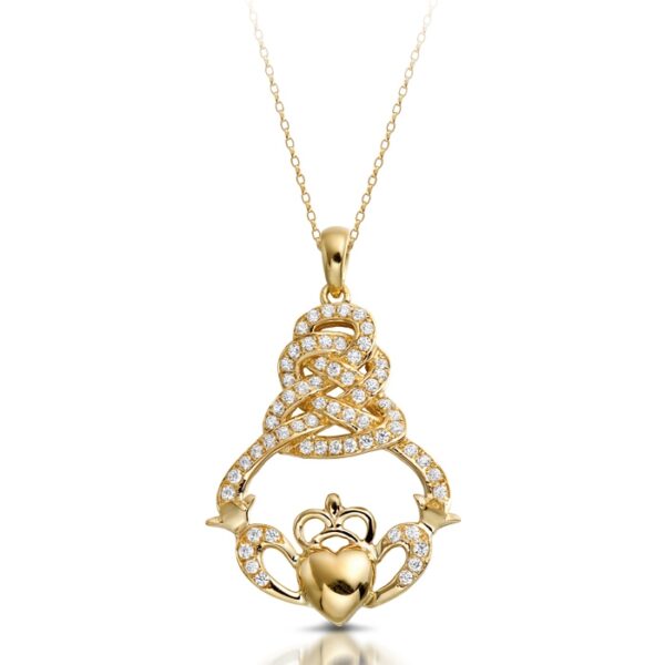 9ct Gold Claddagh Pendant with Celtic Knot Design embellished with glittering CZ Stones to create a sparkling allure - P017