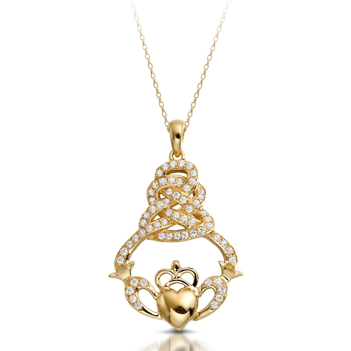 9ct Gold Claddagh Pendant with Celtic Knot Design embellished with glittering CZ Stones to create a sparkling allure - P017