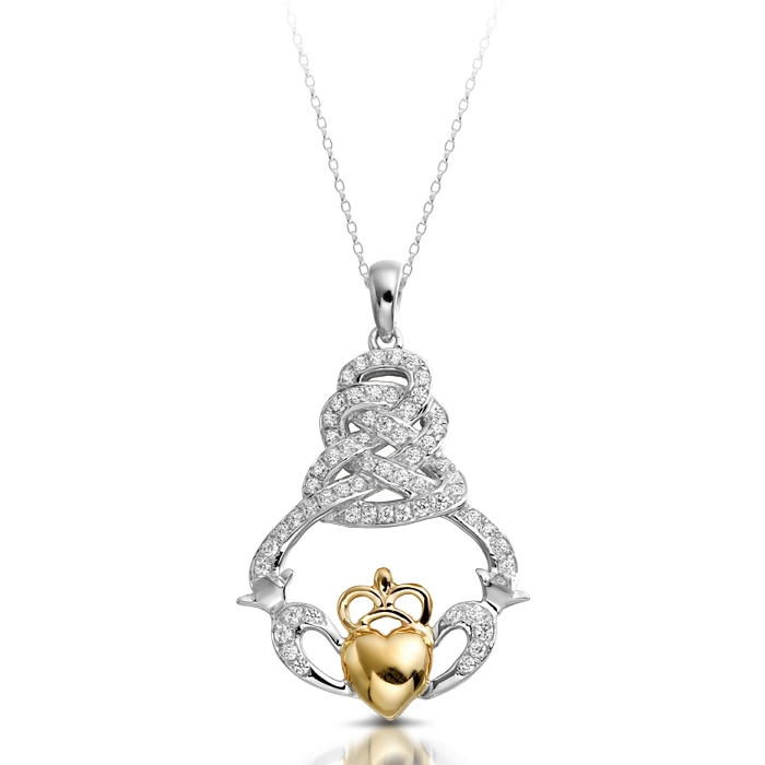 9ct White Gold Claddagh Pendant combined with Celtic Knot. A great accessory for injecting a touch of vintage-inspired style - P017W