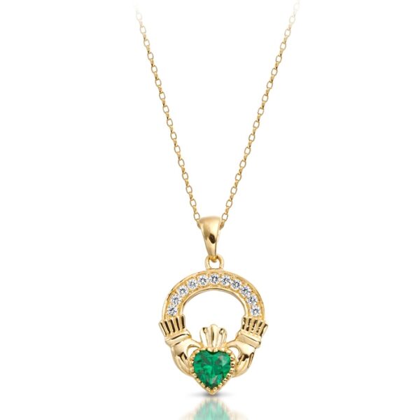 9ct Gold Claddagh Pendant enriched with Emerald and CZ Micro Pavé stone setting - P188G