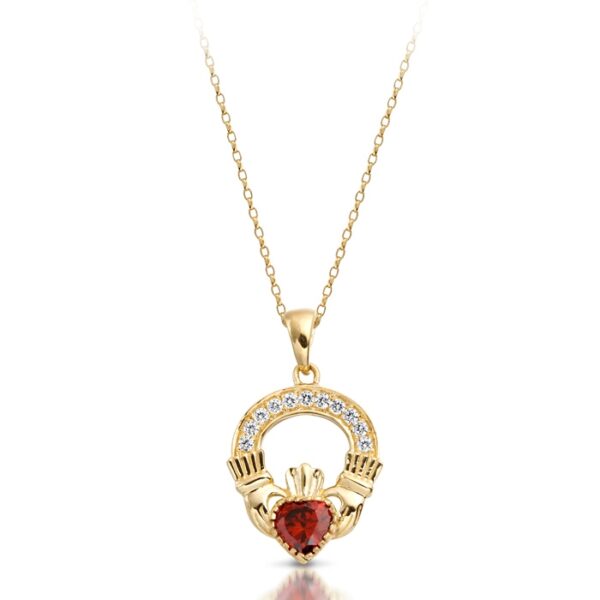 9ct Gold Garnet Claddagh Pendant studded with Micro Pavé CZ Stone setting _ P188GAR