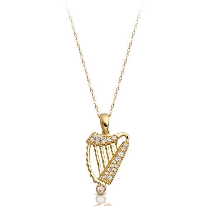 9ct Gold CZ Harp Celtic Pendant studded with Micro Pavé CZ Stone setting - P030