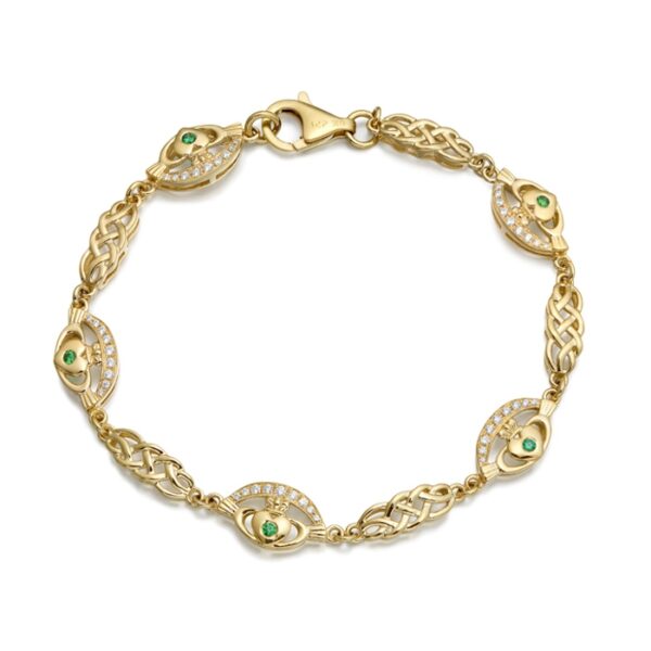 9ct Gold Claddagh Bracelet studded with CZ and Emerald and combined with Celtic Knot design - CLB35