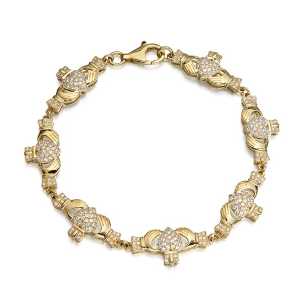 9ct Gold Claddagh Bracelet studded with Micro Pave CZ stone setting - CLB39