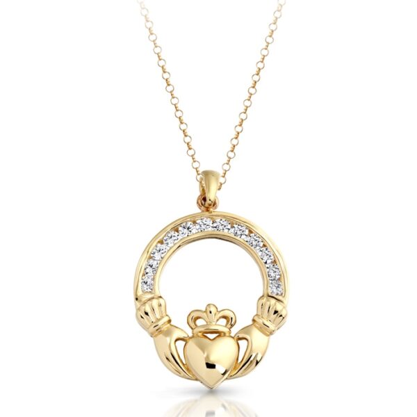 9ct Gold Claddagh Pendant studded with precision set stone setting.