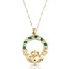 9ct Gold Claddagh Pendant studded with repeating pattern of CZ and Emeralds.