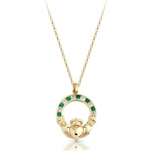 9ct Gold Claddagh Pendant studded with a repeating pattern of CZ and Emerald.