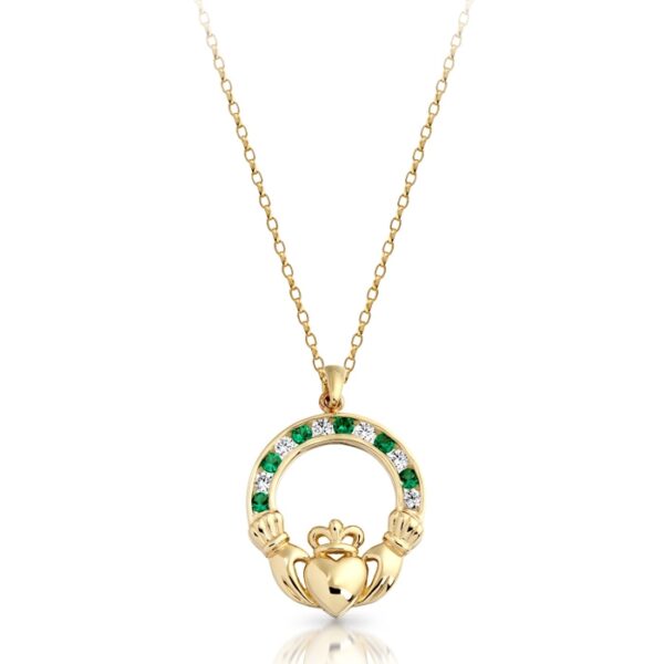 9ct Gold Claddagh Pendant studded with a repeating pattern of CZ and Emerald.