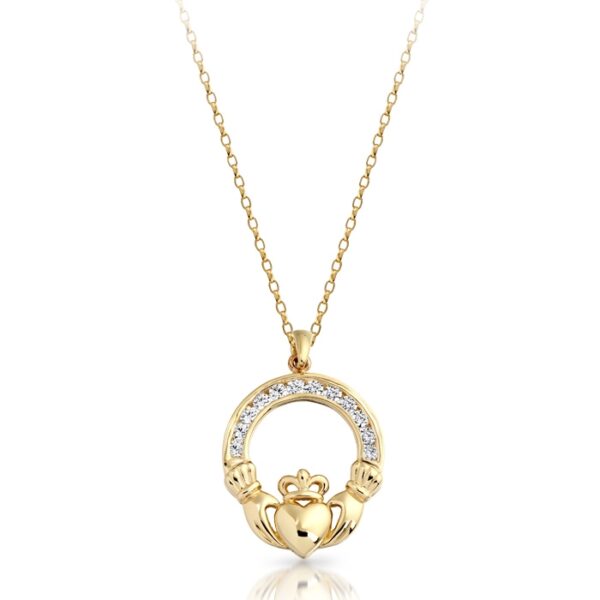 9ct Gold Claddagh Pendant studded with precision set stone setting.