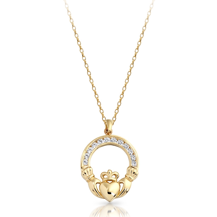 9ct Gold Claddagh Pendant studded with precision set stone setting.