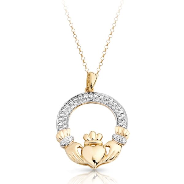 9ct Gold Claddagh Pendant showcases Irish Heritage and enhanced with glittering Cubic Zirconia embellishment - P018