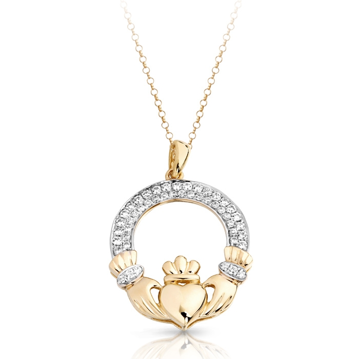 9ct Gold Claddagh Pendant showcases Irish Heritage and enhanced with glittering Cubic Zirconia embellishment - P018