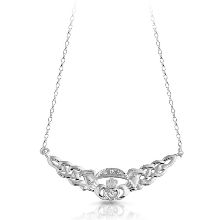 9ct White Gold Claddagh Pendant Necklace combined with Celtic Knot Design.