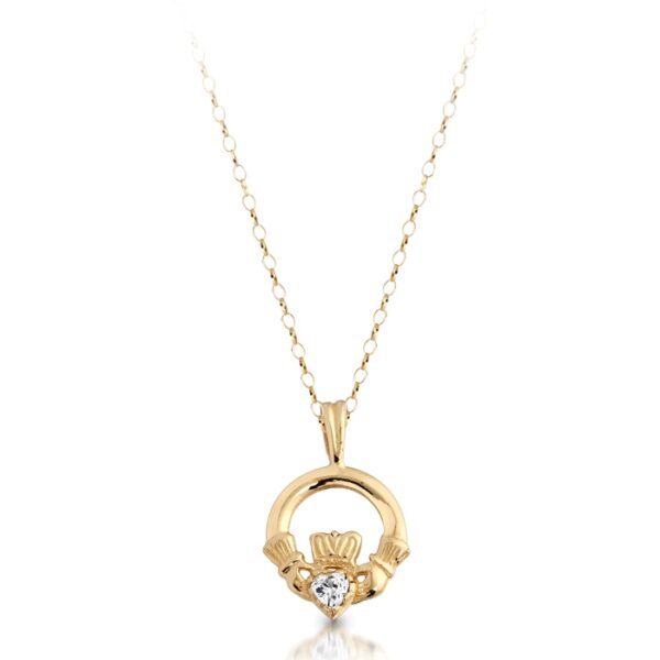 9ct Gold Kids Claddagh Pendant with CZ set in the heart- P130