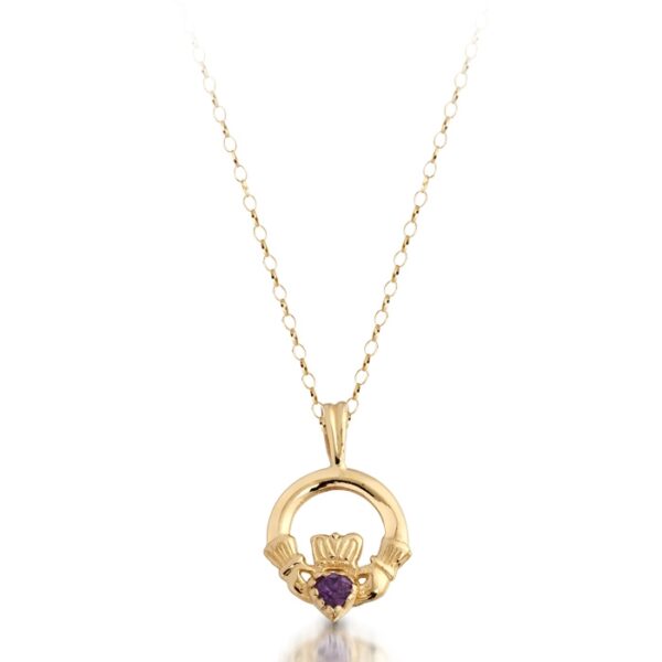 9ct Gold Kids Claddagh Pendant studded with CZ Amethyst.