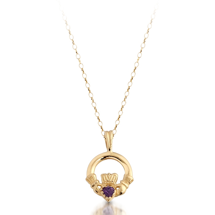 9ct Gold Kids Claddagh Pendant studded with CZ Amethyst.