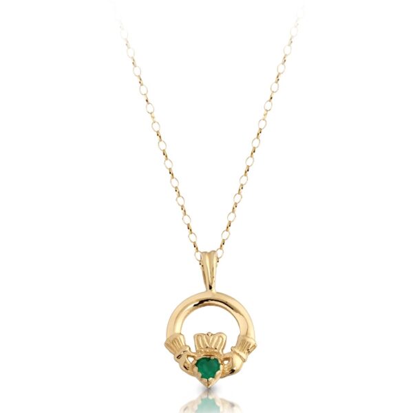 9ct Gold Kids Claddagh Pendant hand set with Green CZ - P130
