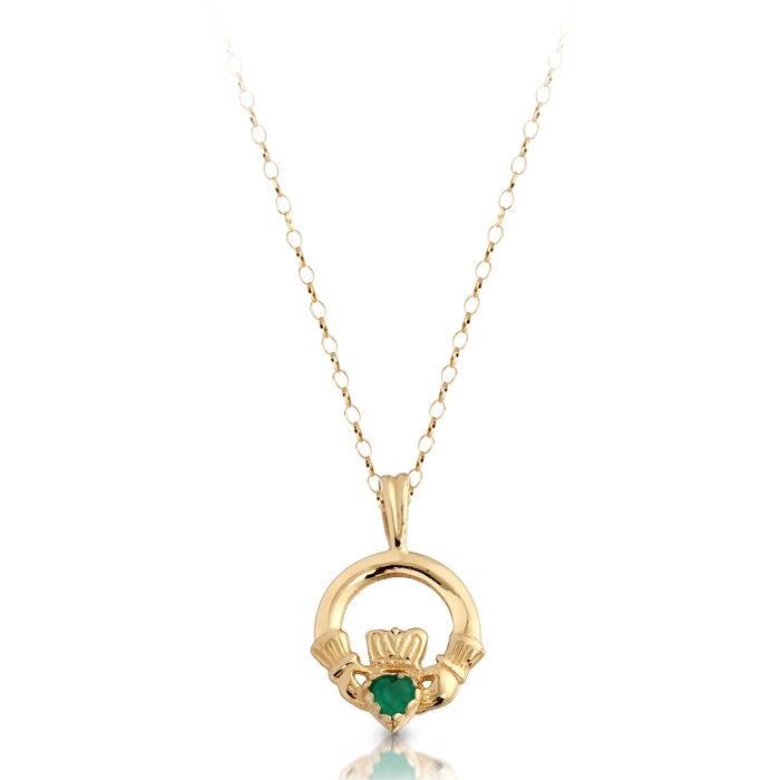 9ct Gold Kids Claddagh Pendant hand set with Green CZ - P130
