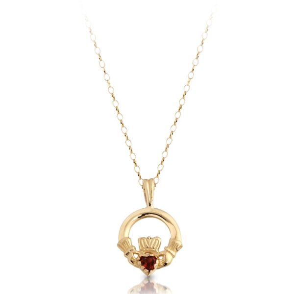 9ct Gold Kids Claddagh Pendant studded with CZ Garnet.