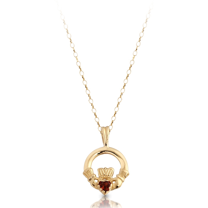 9ct Gold Kids Claddagh Pendant studded with CZ Garnet.