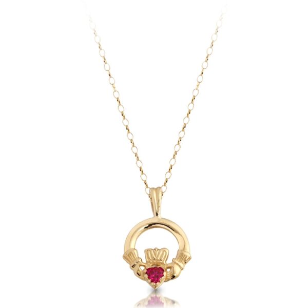 9ct Gold Kids Claddagh Pendant studded with CZ Ruby.