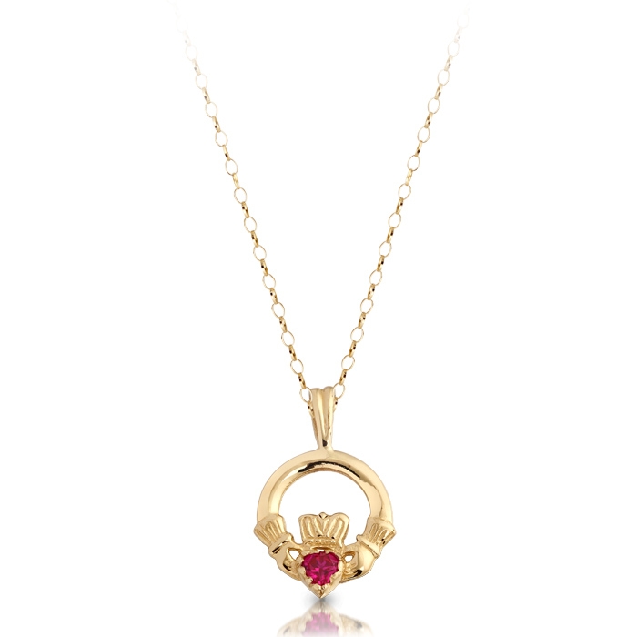 9ct Gold Kids Claddagh Pendant studded with CZ Ruby.