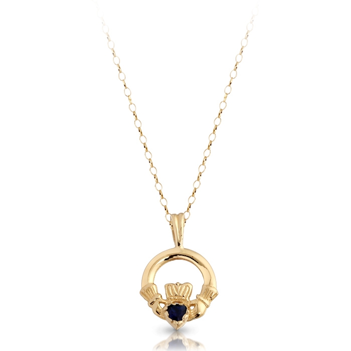 9ct Gold Kids Claddagh pendant studded with CZ Sapphire.