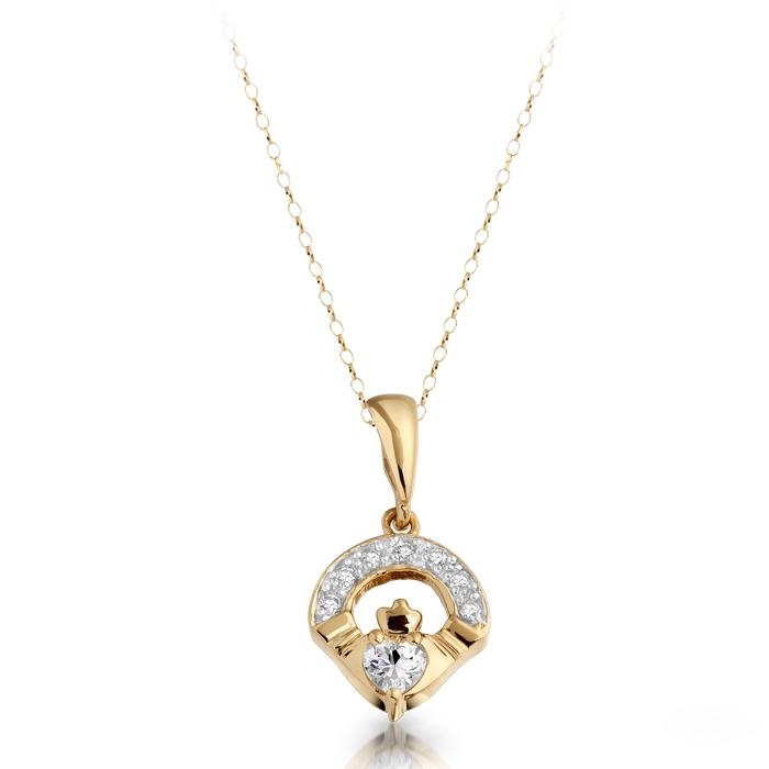 9ct Gold CZ Claddagh Pendant studded with glistering CZ in Micro Pavé stone setting - P187