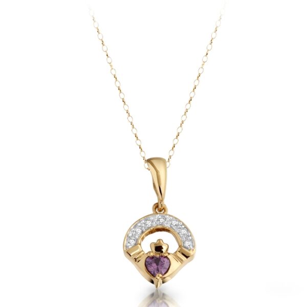 9ct Gold Claddagh Pendant studded with sparkling CZ and Amethyst - P187A