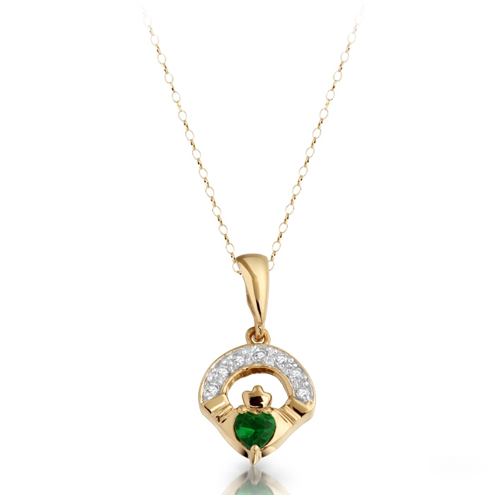 9ct Gold Claddagh Pendant studded with sparkling CZ and Emerald - P187G