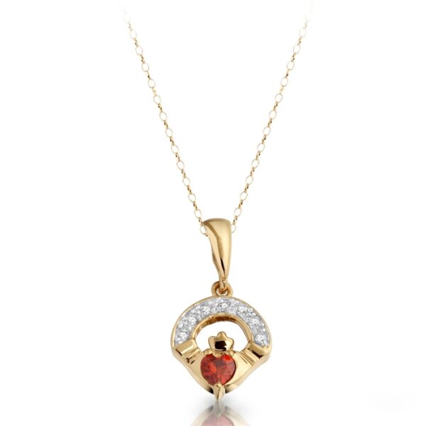 9ct Gold Claddagh Pendant studded with sparkling CZ and Garnet - P187GAR