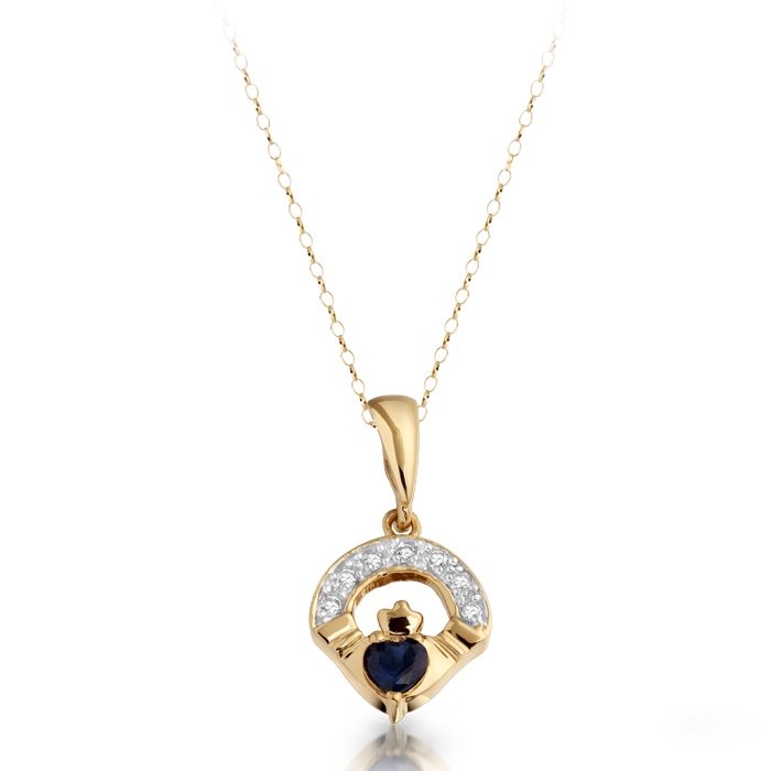 9ct Gold Ladies Claddagh Pendant studded with sparkling CZ and Sapphire - P187S