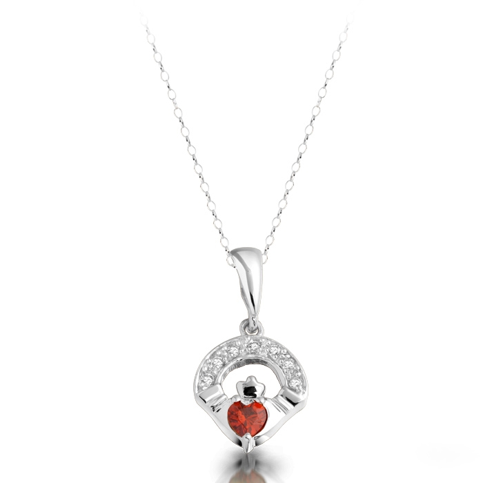9ct White Gold Ladies Claddagh Pendant studded with sparkling CZ and Garnet - P187GARW