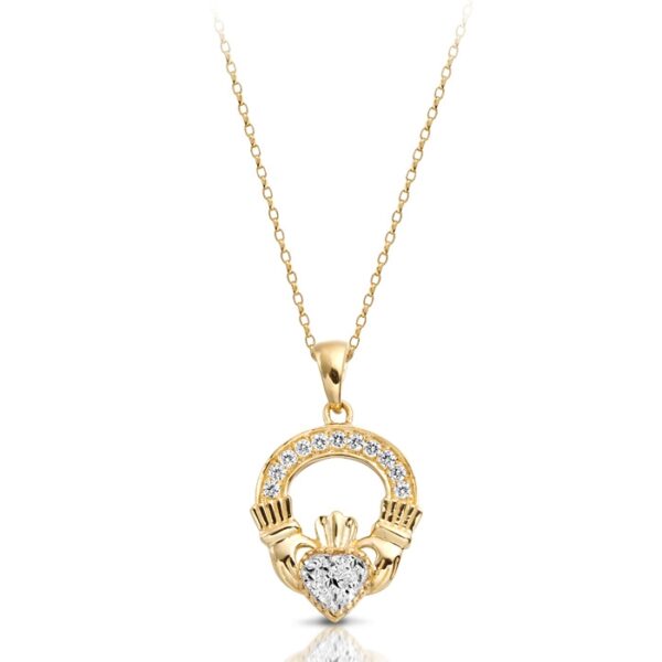 9ct Gold Claddagh Pendant enriched with CZ Micro Pavé stone setting - P188