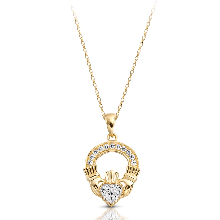 9ct Gold Claddagh Pendant enriched with CZ Micro Pavé stone setting - P188