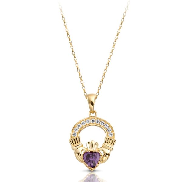 9ct Gold Amethyst Claddagh Pendant enriched with CZ Micro Pavé stone setting - P188A