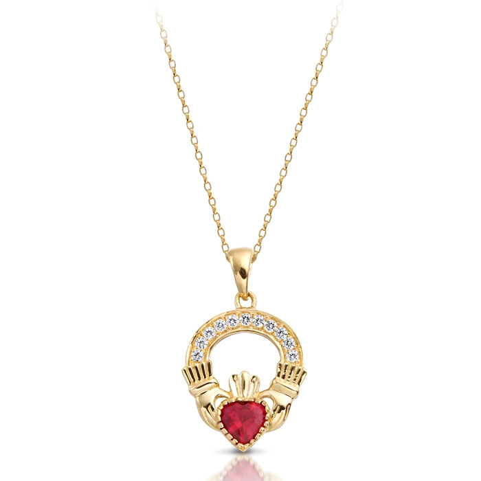 9ct Gold Ruby Claddagh Pendant studded with Micro Pavé CZ setting - P188R