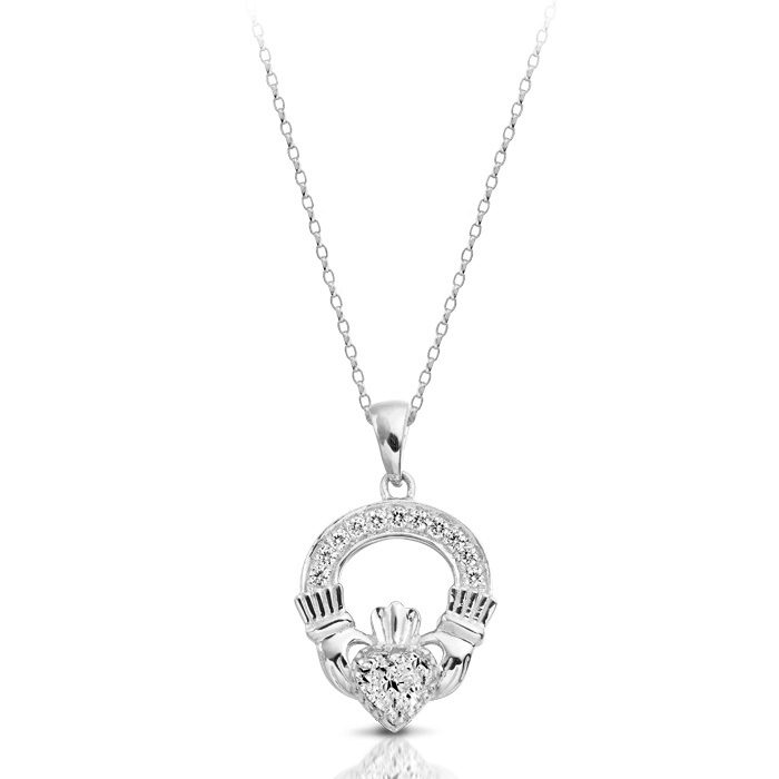 9ct White Gold Claddagh Pendant studded with Micro pavé Cubic Zirconia - P188W