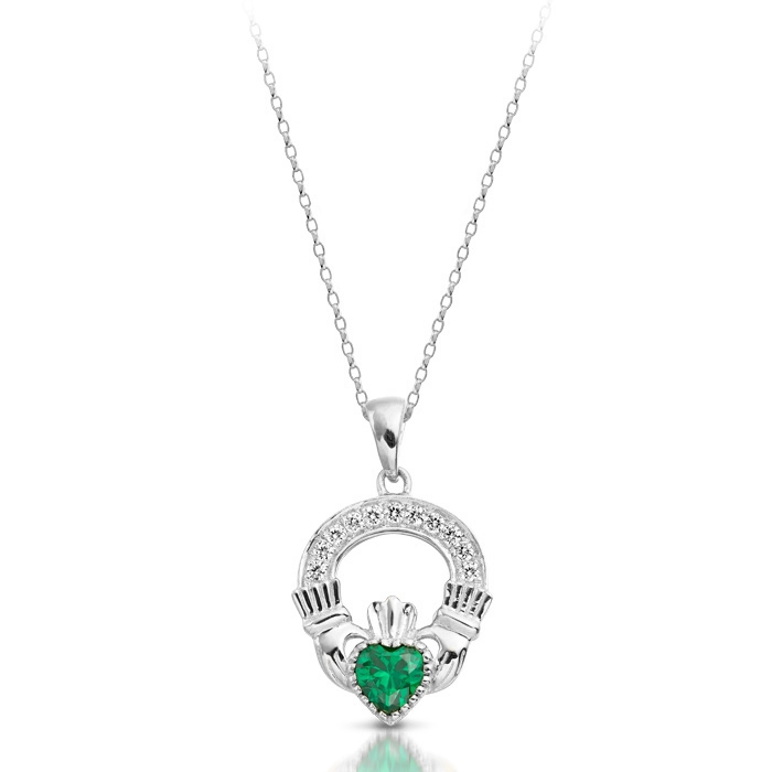 9ct White Gold Claddagh Pendant enriched with Emerald and CZ Micro Pavé stone setting - P188GW