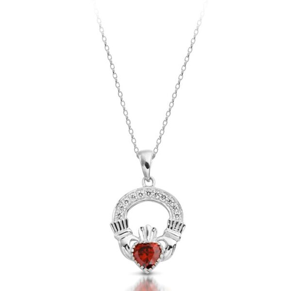 9ct White Gold Claddagh Pendant enriched with Garnet and CZ Micro Pavé stone setting - P188GARW