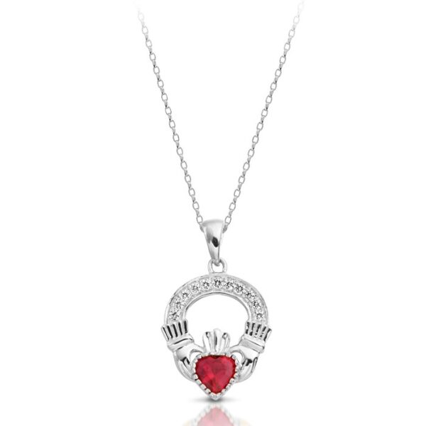 9ct White Gold Ruby Claddagh Pendant Studded with Micro Pavé CZ Stone Setting - P188RW