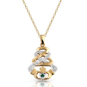 9ct Gold Claddagh Pendant with Celtic Knot Design and studded with Green Cubic Zirconia - P33G