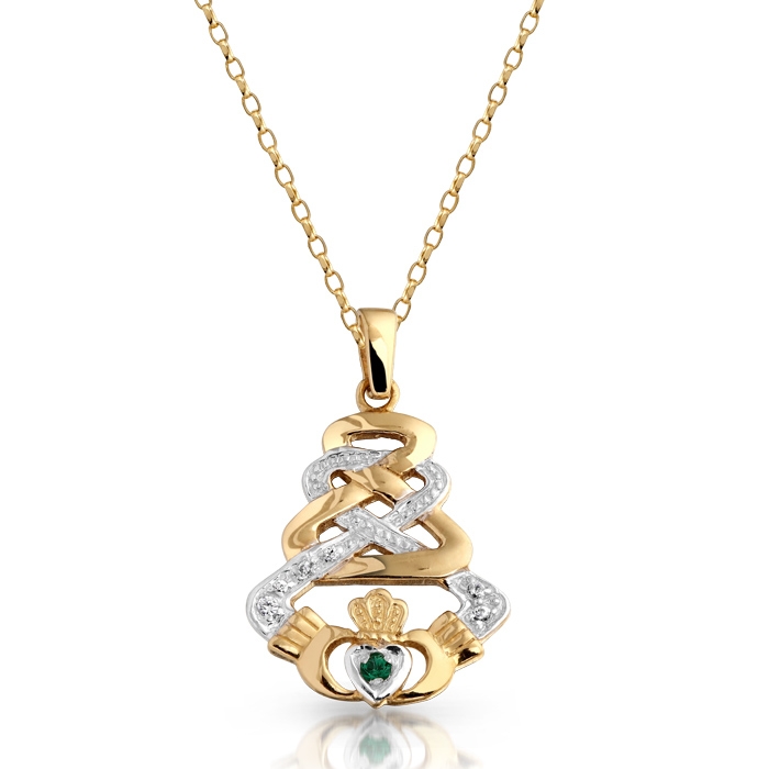 9ct Gold Claddagh Pendant with Celtic Knot Design and studded with Green Cubic Zirconia - P33G
