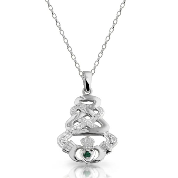 9ct White Gold CZ Claddagh Pendant with Celtic Knot Design - P33WG