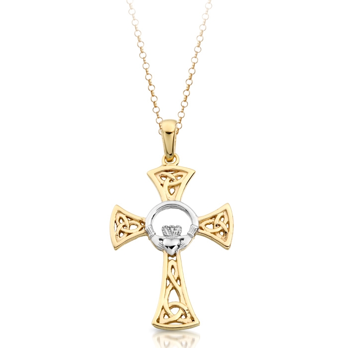 9ct Gold Claddagh Cross Pendant combined with Celtic Knot Design - C03
