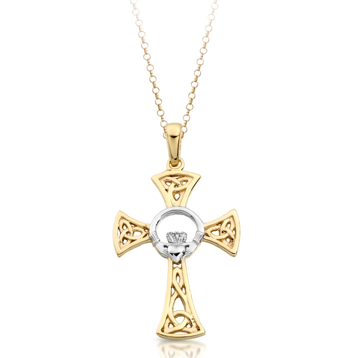 Gold Claddagh Cross Pendant combined with Celtic Knot Design.