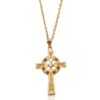 9ct Gold Celtic Cross Pendant studded with Cubic Zirconia and synthetic Garnet Stones.