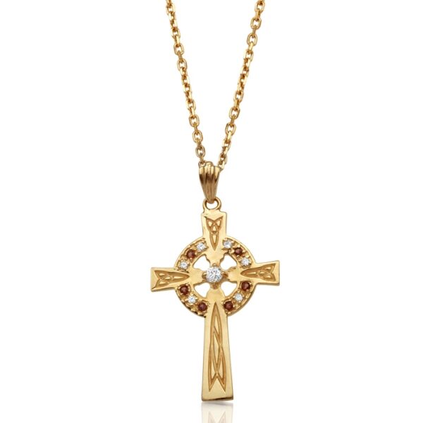 9ct Gold Celtic Cross Pendant studded with Cubic Zirconia and synthetic Garnet Stones.
