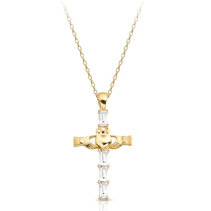 9ct Gold Claddagh Cross Pendant studded with Cubic Zirconia Baguettes - P211